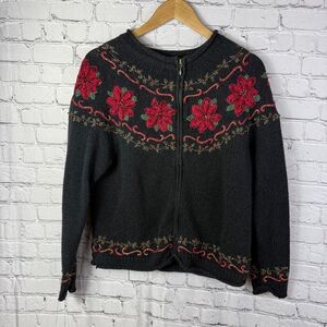 Croft & Barrow Vintage Fair Isle Poinsettia Zip Cardigan Sweater Black Size M